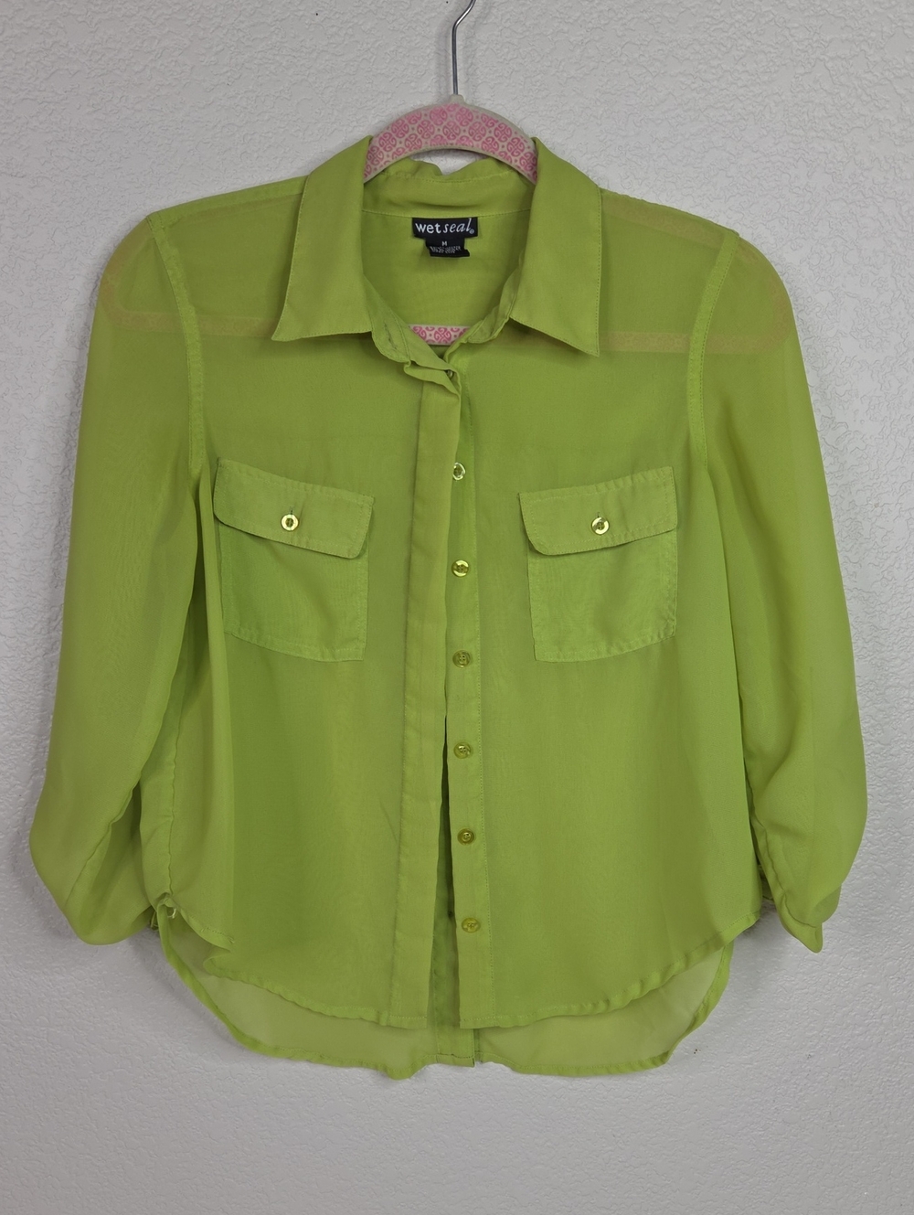 Wet Seal Neon Lime Sheer Button-Down Blouse